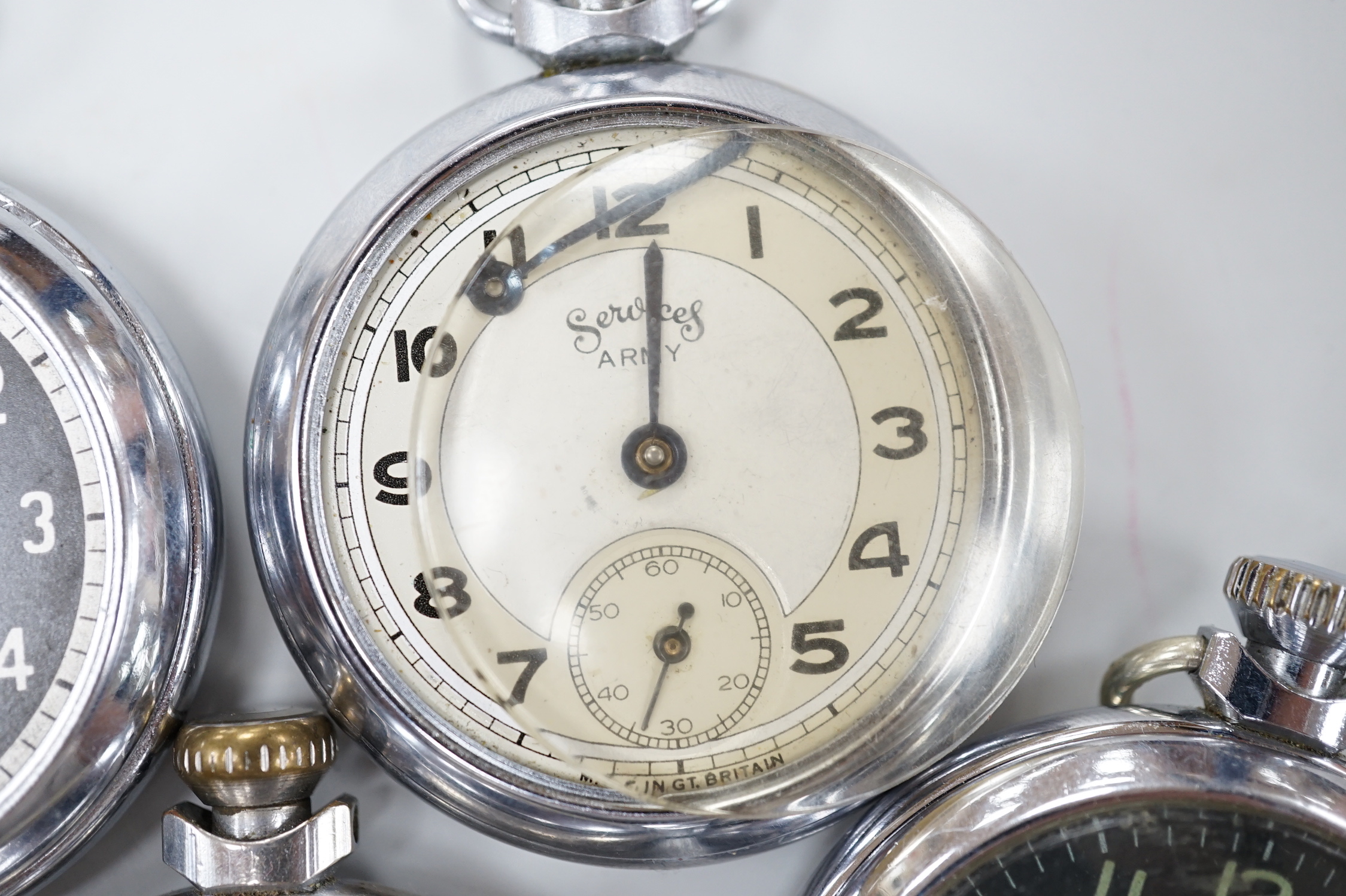 Ten assorted base metal pocket watches including Ingersoll, Services Excel and Smiths.